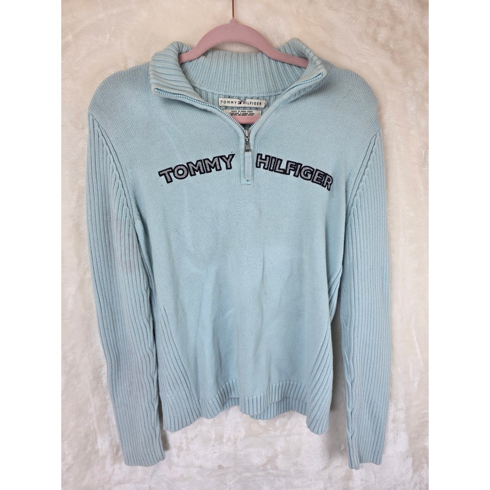 Tommy Hilfiger Womens Quarter Zip Ribbed Cotton Sweater Light Blue Logo Large